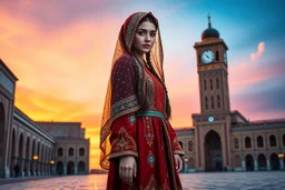 "A hyper-detailed digital painting of a young woman in traditional Azerbaijani folk costume standing in Tabriz Saat Square. She wears a floor-length crimson, gold, and sapphire embroidered dress with intricate embroidery, a translucent patterned ropush (scarf) draped over her head revealing braided hair with silver guppu (coins). The composition follows the rule of thirds, with the 19th-century clock tower framing her silhouette against a gradient sunset sky of tangerine and lavender. Ultra-deta