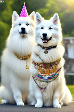 Cute, fluffy, happy looking white Samoyed dog with a small Corgi dog sitting next to it, colorful, summer time, birthday, festive atmosphere, detailed, congratulating