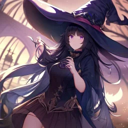 Clear focus,High resolution, black long fluffy hair, long fluffy bangs, purple eyes, wearing a witch outfit, wearing a short skirt