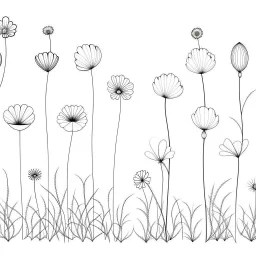 set of grow wind flowers on the grace, SIMPLE ONE lineS art, white background, minimalis, different view, only white bakcground solid.