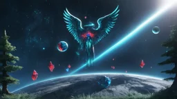 matrix, god creation, few planets on the back ground. small and large deposit of red, blue, and green crystals of tiberium on the right side, seven space trees on the left side of the angel from the other dimensions.