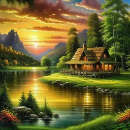 An exquisite oil painting capturing a dreamlike paradise, with a charming little farmhouse nestled by a calm lake. The farmhouse, with its rustic appeal, contrasts against the serene water, surrounded by a lush, verdant forest and rolling hills. The background unfolds into a dramatic landscape, featuring towering mountains and a stunning sunset sky that casts warm, vibrant hues across the scene. The artist's mastery is evident in the seamless blend of traditional oil painting techniques with the