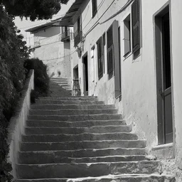 Calle de un pueblo de una isla italiana en verano, con escalinata, fotografía real, fotografía realizada con cámara Leica y objetivo de 50 mm, siguiendo estilo de la serie 'Ripley' emitida en Netflix, fotografía en blanco y negro, virada tonos años 50