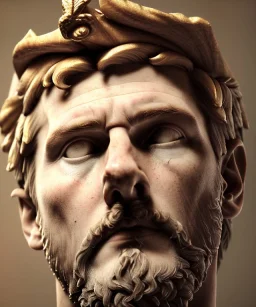 Ultra Realistic image, roman sculpture, marble deluxe material, Lionel Messi, gold Laurel leaves crown model, miguel angel style, chisel style, emperador, waist up portrait, cinematic lighting, God light, god rays, 4k resolution, smooth details, ornate details, soft lighting, unreal engine 5, soft cyan background.