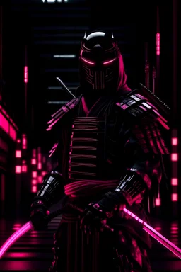 cyber samurai black, full body, pink eyes light, photorealistic, dark background on Tokyo Japan in the night, high contrast illumination , Mysterious