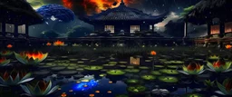 my dreams . In the garden my mind bows . meditation . Lily pad garden Japan , The ruins of a village in the midst of thunderbolts in the jungle , mountains. space color is dark , where you can see the fire and smell the smoke, galaxy, space, ethereal space, cosmos, panorama. Palace , Background: An otherworldly planet, bathed in the cold glow of distant stars. Northern Lights dancing above the clouds in Finland.