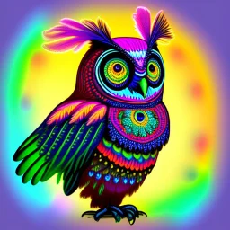 Brightly colored owl with ornate wings and a glowing eye