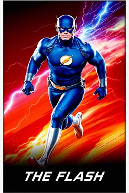 1/4 side view, looking at the viewer, Movie Poster - "THE FLASH" - A massive, thick, extremely muscular, 7'8" tall man, ((skintight, formfitting, long-sleeved, Blue spandex bodysuit:1.5)), ((Silver knee-high boots:1.5)), ((Silver wrist gauntlets, blue fingerless gloves, silver, double holstered utility belt:1.5)), ((skintight, formfitting, blue spandex helmet with blue eye disguise,:1.5)), Running, multicolored lightning emanating from his body, an overly exaggerated muscular stature