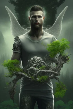 running berserker portrait , black jogging suite , in the night Alps , holding leaves and coins , angels background, volumetric light, high detail, dark leaf tree, dark mountains in background, perfect, HR Giger style