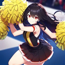 Clear focus, High resolution, long black fluffy hair, red eyes, chopped bangs, wearing a cheerleading outfit, jumping, wearing a skirt, legs together, smiling, Extreme Close up of eyes