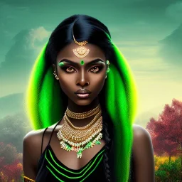 fantasy setting, woman, peau sombre, indienne, cheveux noirs avec une mèche verte