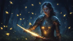 Woman Warrior, night, fireflies