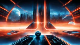 tron legacy movie, city of lights blue, red and orange, programs, space ships, clouds,