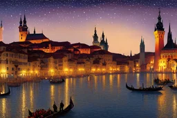 a view of an ancient medieval castle city resembling prague castle and venice at night with a sky full of stars, intricate, elegant, highly detailed, digital painting, artstation, concept art, smooth, sharp focus, colored illustration for tattoo, art by thomas kincade and alphonse mucha