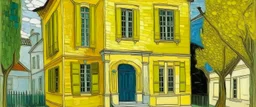 A yellow house in a metropolis in daylight painted by Vincent van Gogh