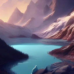 highly detailed glacial lake landscape, sunset, illustration, cinematic lighting, 4k, 8k, octane render, digital concept art, trending on artstation, pinterest, extremely detailed, ambient lighting.