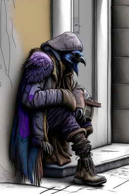 One single mature homeless crow with worn out clothes, sitting in a corner on the street, guitar standing on the left side, Vienna, mourning, perfect iris, colours, model style, hyper realistic, extremely accurate, delicate, extremely detailed, Graphic novel style, wide-angle, open aperture, superfine pencil