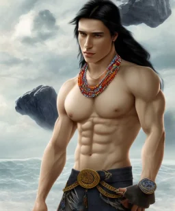 native american warrior, long black hair, big muscles, magic crystal neckless , shirtless