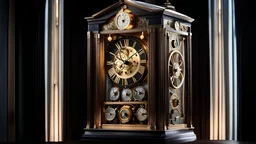 An amazing atompunk grandfather clock, zeolite, illuminated, cinematic,