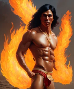 native american warrior, long black hair, dancing on top of fire, big muscles, loincloth, shirtless, 8k resolution concept art portrait by Greg Rutkowski