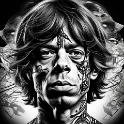 Double exposure high quality ((Replica of the "Tattoo You" Rolling Stones album cover art)) (Black ink Illustration head and shoulders b/w portrait of a 35 year-old Mick_Jagger with slick styled-back hair, three quarters angle, detailed precise maori tattoo all over his face), ((union jack matte background sky)) precise rendering, architectural drafting Modifiers: naive art whimsical