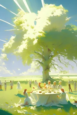 A vast plain, a cool and gentle wind blowing, green trees covering the landscape around the plain, a small tree side around the plain, a table full of food under it, men and women in bright white clothes laughing and beaming. Sunlight on their white skin and golden hair.