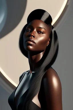 A portrait of a beautiful curvaceous black woman with long black hair, wearing a black dress with a deep v neck, wizard, magical, ethereal, intricate, sharp realistic lighting. Concept art by wlop. Ultra quality 8k.