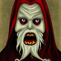 Vampire with yellow eyes with Cthulhu tentacle beard grey skin and vampire fangs and vampire bat nose as a Russian Orthodox