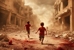 bloody children running from bombs in a ruined city in Palestina, smoke and fire and explosions