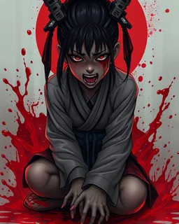 Tall girl samurai, face distorted with pain, screaming, tears streaming from eyes, siting pose, fullbody, splashes blood, behind guts rising from the ground, intricate, darkred tones, macro photography,