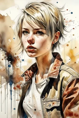 young woman in brown leather jacket, short blond hair in a bob cut, white tee shirt, urban suite, watercolor on wet, wet on wet, splashes, splash effect, drips, stains, style by Steve Hanks, intricate detailed, colored, black hair and eyes Modifiers: intricate high detail crisp quality colourful