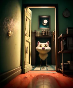 Wes Anderson photographer, night, room, monster peeking behind the ajar door, Ultra realistic, punk style, wide angle view, soft color, highly detailed, unreal engine 5, ray tracing, RTX, lumen lighting, ultra detail, volumetric lighting, 3d, finely drawn, high definition.