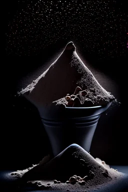 protein powder, scoop, piles, powder, modern, not fancy, view from the front, dark studio setting, black background