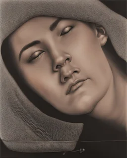 dibujo en grafito realista de rostro mujer 35 años pelo negro atado cola de caballo ojos cerrados picado rasgos definidos boca levemente abierta labios definidos iluminacion desde arriba