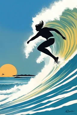 [surf illustration by rené gruau] À l’aube, je me lève, Vers La Piste, la planche sous le bras, Sur la vague, je me lève aussi, Une, deux, trois fois, je vole.