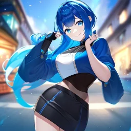 Clear focus,High resolution, Vibrant short blue hair, Vibrant blue eyes, Wearing a black short skirt,black crop top sleevelss,blue cut sleeves,black fingerless gloves, Smiling,Long bangs