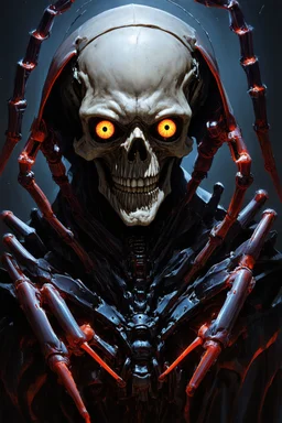 Death warmed over is a half flesh half machine version of the grim reapler with 8 spider like eyes and a central eye to see everying else.