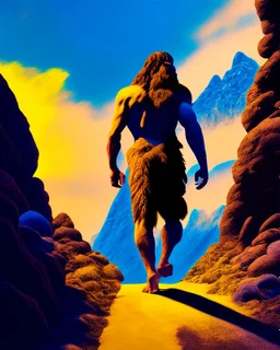 Imagina el hombre de Neandertal caminando de frente a la camara por montañas colores complementarios arte digital foto realista obra de arte hiperdetallada intrincada sombras 3D iluminación cinematografica 8k 3D cuerpo completo clima soleado nubes