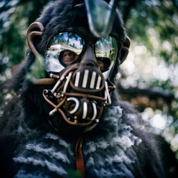 Close up of a Bigfoot wearing a respirator, Christopher Nolan, Dystopian, Extreme depth of field, bokeh blur, Alberta, all-natural, in the style of candid, imperfection, natural lighting, Professional shot, shot on Agfa, Fuji Film, Anamorphic lens --ar 4:5 --w 150 --style raw