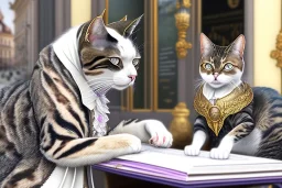 Mature cats are "Wolfgang Amadeus Mozart", playing music, street, Vienna, friendly, sunny day, model style, hyper realistic, extremely accurate, delicate, extremely detailed, Graphic novel style, wide-angle, open aperture, superfine pencil