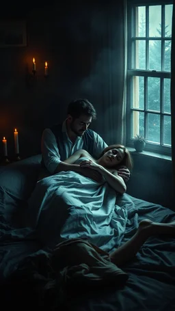 Remy Cogghe painting style, a trajectory a man holding his woman she is dying , she is laying down on bed in a foggy smoky background, in dark room with a dim candles light and a open window outside light , 4k, high quality photography