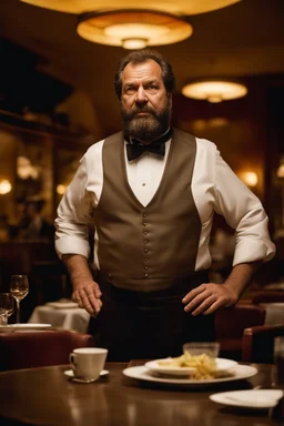 half figure shot photography of a 44 years old serious sicilian waiter in uniform, similar to Bud Spencer, bearded chubby man with hands in the pockets, in an empty restaurant, bulge, bullneck, manly chest, unshaved, short hair, photorealistic, dim light , side light, view from the ground