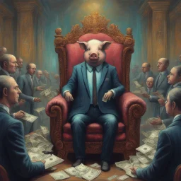 rich pig in suit on a throne making stacks of money by making a deal with a buisnessman. background of musicians. Payday payday. beksinski style.