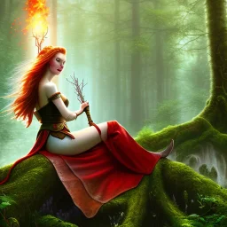 romantic fantasy spray painting, closeup of cute smiling green eyed red head robed elven princess bride ,sitting on a branch, loosing torch in magical forest by waterfall