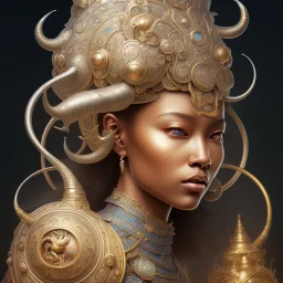 Sango fantasy, fantasy magic, intricate, sharp focus, illustration, highly detailed, digital painting, concept art, matte, art germ and Paul Lewin and Kehinde Wiley, masterpiece silver elephant head bronze Buddha Asian African girl nice breast Hawaiian hair turquoise golden waves