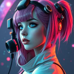 a pretty cyberpunk astronomer girl, coloured hair, futuristic