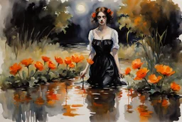 Night, one woman, orange flowers, gothic horror movies influence, puddle, epic, john singer sargent watercolor paintings