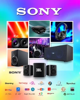 A beautiful design with photos of Sony party speakers and party boxes, headphones, mobile chargers, and JBL speakers in the center of the image and several famous logos from the world's audio and video systems at the bottom of the image with a beautiful and unique color theme.