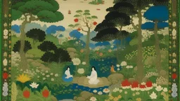 An illustration by Jakuchu and Monet of of individuals practicing yoga surrounded by blooming flowers and lush vegetation.