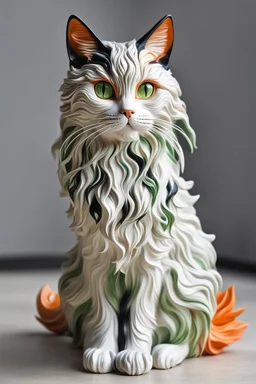 Sculpture of a beautiful cat with long, wavy, thick hair, pointed ears, bright green eyes, orange, black and white colors, ultra quality, (((full body))), sitting on the floor